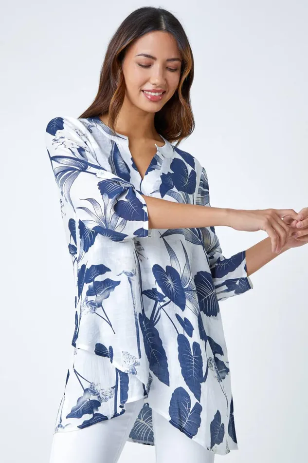 Women Palm Print VNeck Wrap Hem Tunic Top Roman Tops