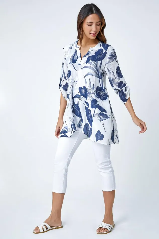 Women Palm Print VNeck Wrap Hem Tunic Top Roman Tops