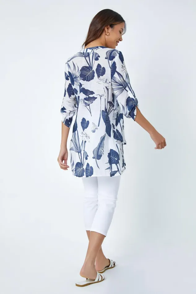 Women Palm Print VNeck Wrap Hem Tunic Top Roman Tops