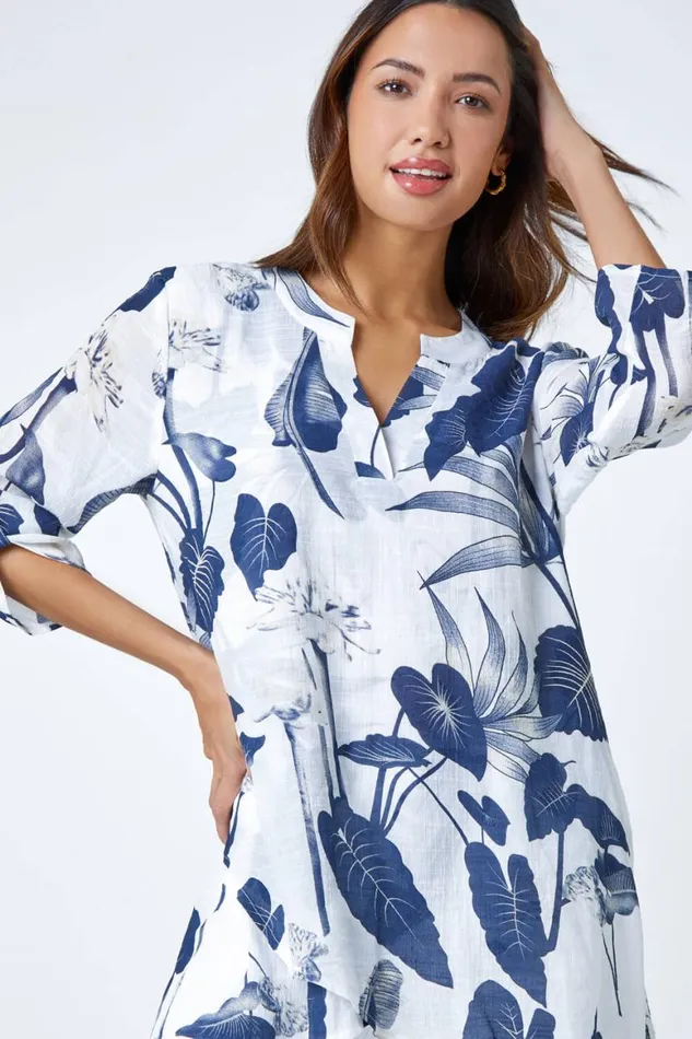 Women Palm Print VNeck Wrap Hem Tunic Top Roman Tops