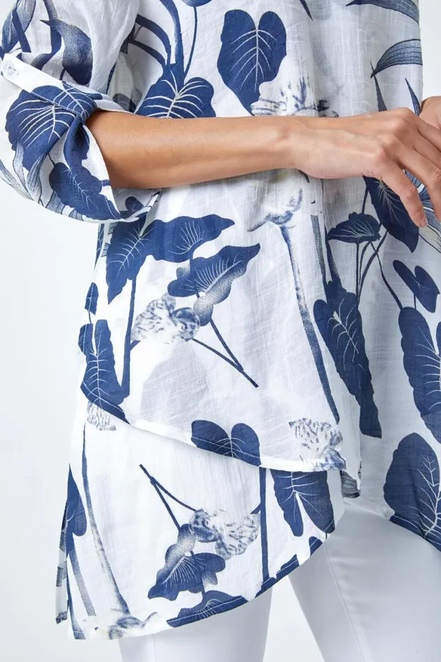 Women Palm Print VNeck Wrap Hem Tunic Top Roman Tops