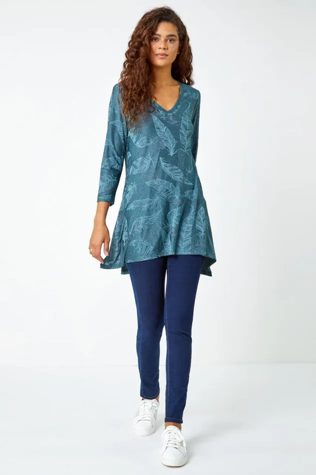 Women Petrol Blue Textured Leaf Print Stretch Top Roman Tops