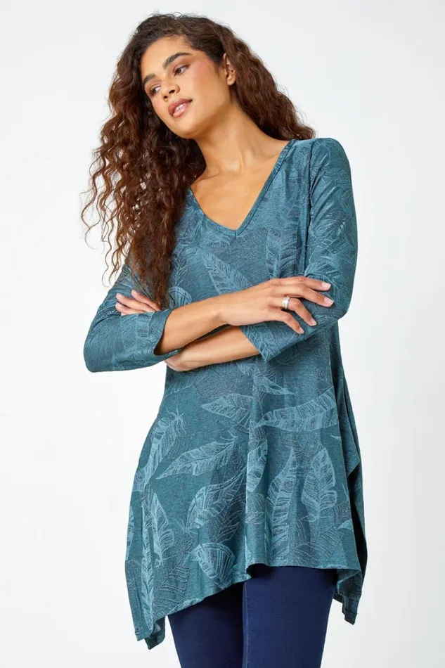 Women Petrol Blue Textured Leaf Print Stretch Top Roman Tops