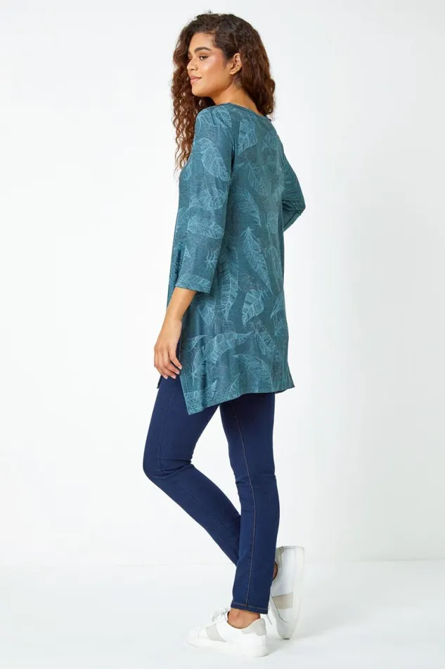 Women Petrol Blue Textured Leaf Print Stretch Top Roman Tops