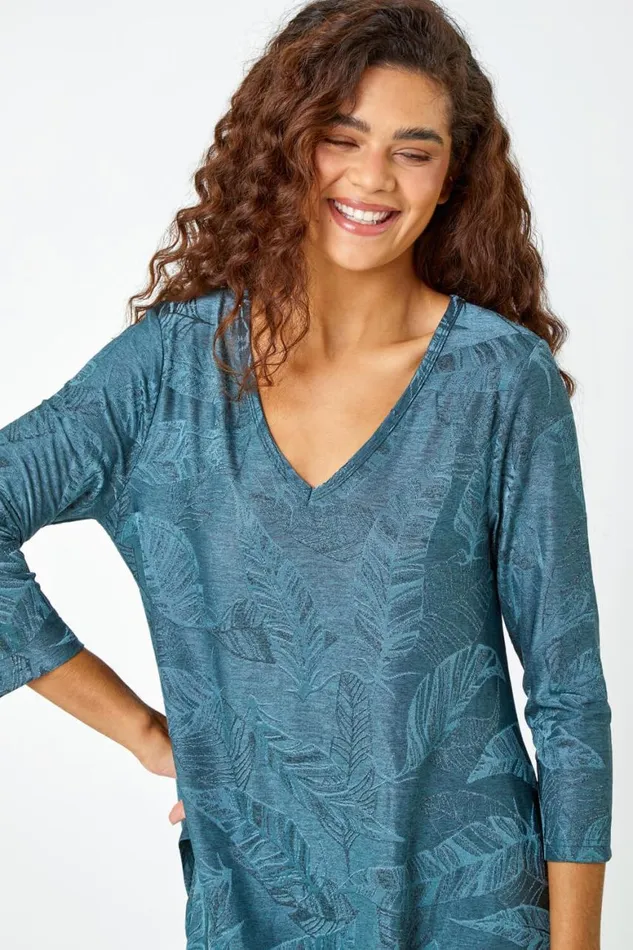 Women Petrol Blue Textured Leaf Print Stretch Top Roman Tops