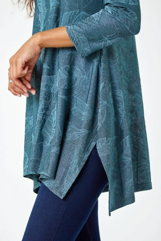 Women Petrol Blue Textured Leaf Print Stretch Top Roman Tops