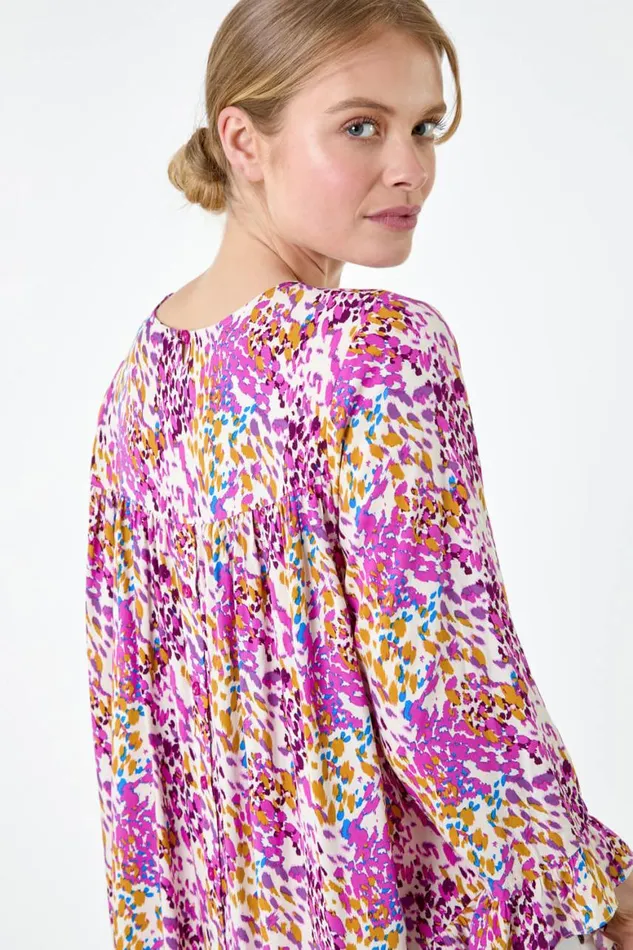 Women Pink Abstract Animal Dipped Hem Frill Top Roman Tops