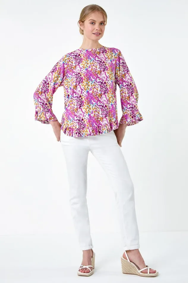 Women Pink Abstract Animal Dipped Hem Frill Top Roman Tops