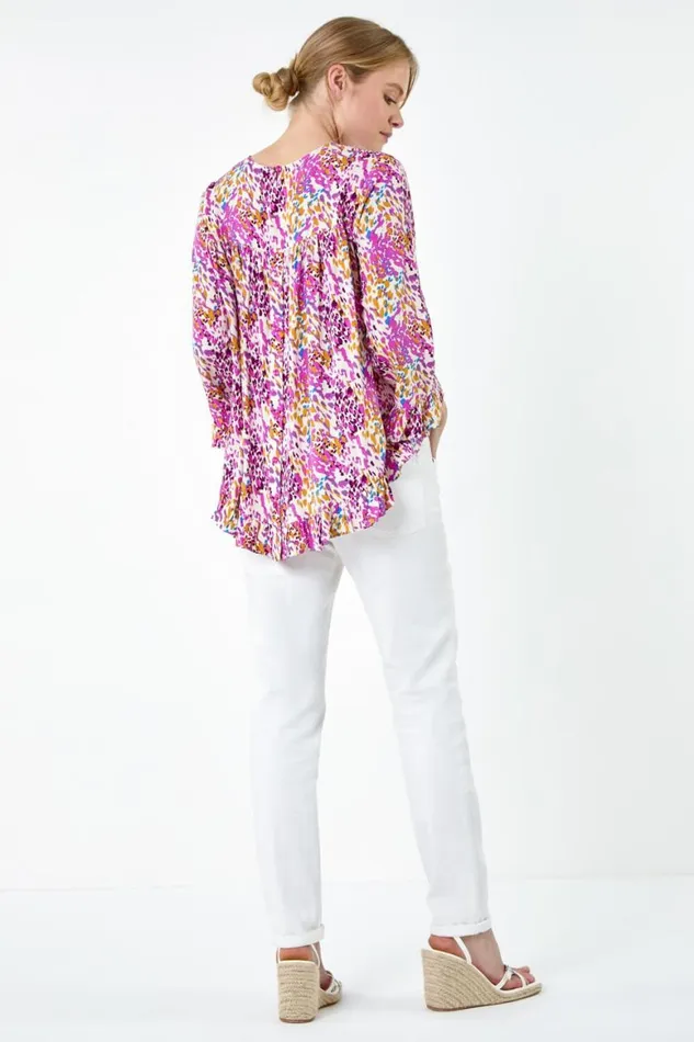 Women Pink Abstract Animal Dipped Hem Frill Top Roman Tops