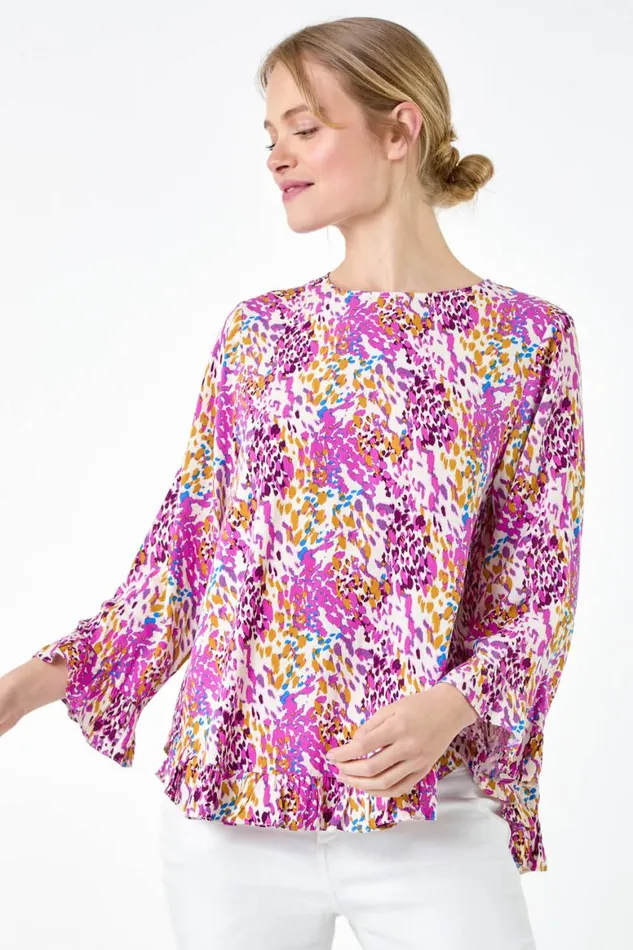 Women Pink Abstract Animal Dipped Hem Frill Top Roman Tops