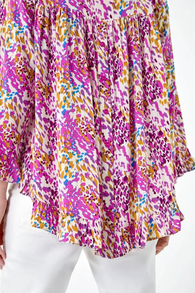 Women Pink Abstract Animal Dipped Hem Frill Top Roman Tops
