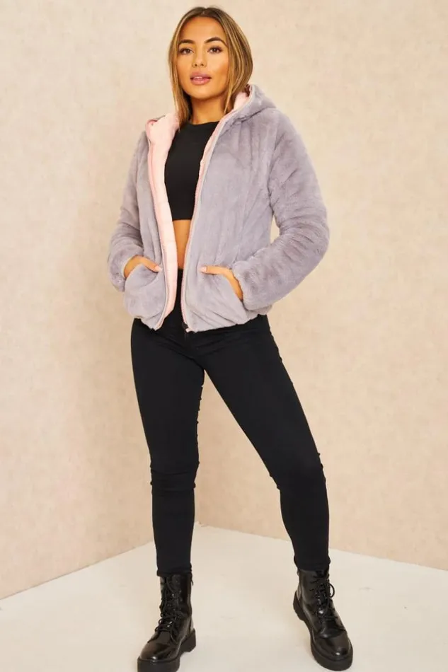 Women Pink And Gray Reversible Short Down Jacket Pink Brentiny Paris Parkas And Down Jackets