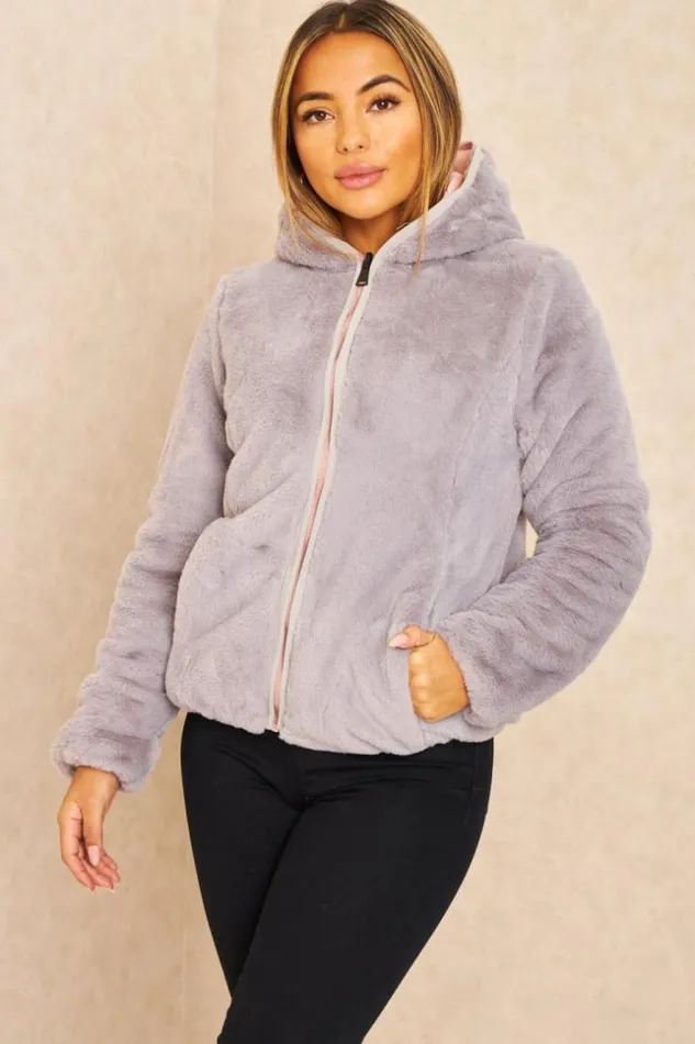 Women Pink And Gray Reversible Short Down Jacket Pink Brentiny Paris Parkas And Down Jackets