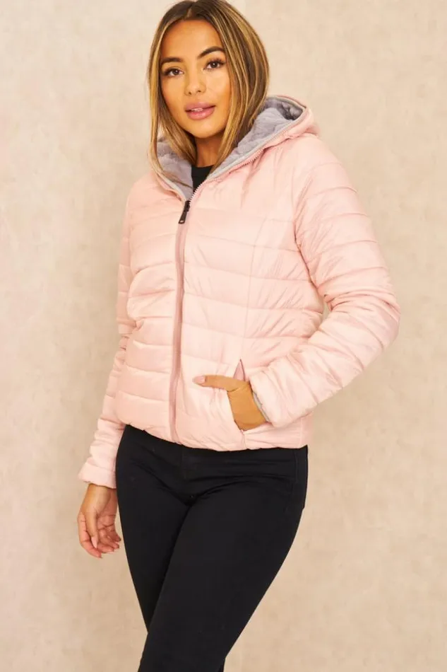 Women Pink And Gray Reversible Short Down Jacket Pink Brentiny Paris Parkas And Down Jackets