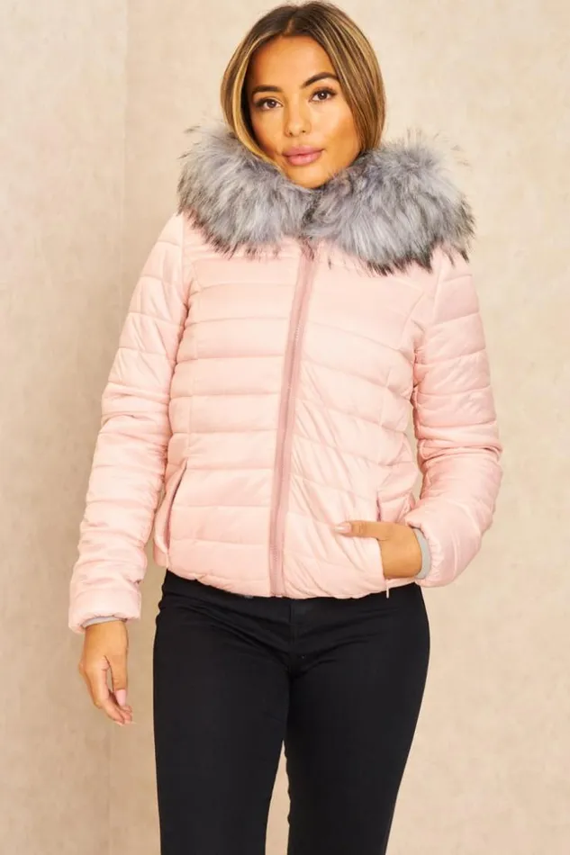Women Pink And Gray Reversible Short Down Jacket Pink Brentiny Paris Parkas And Down Jackets