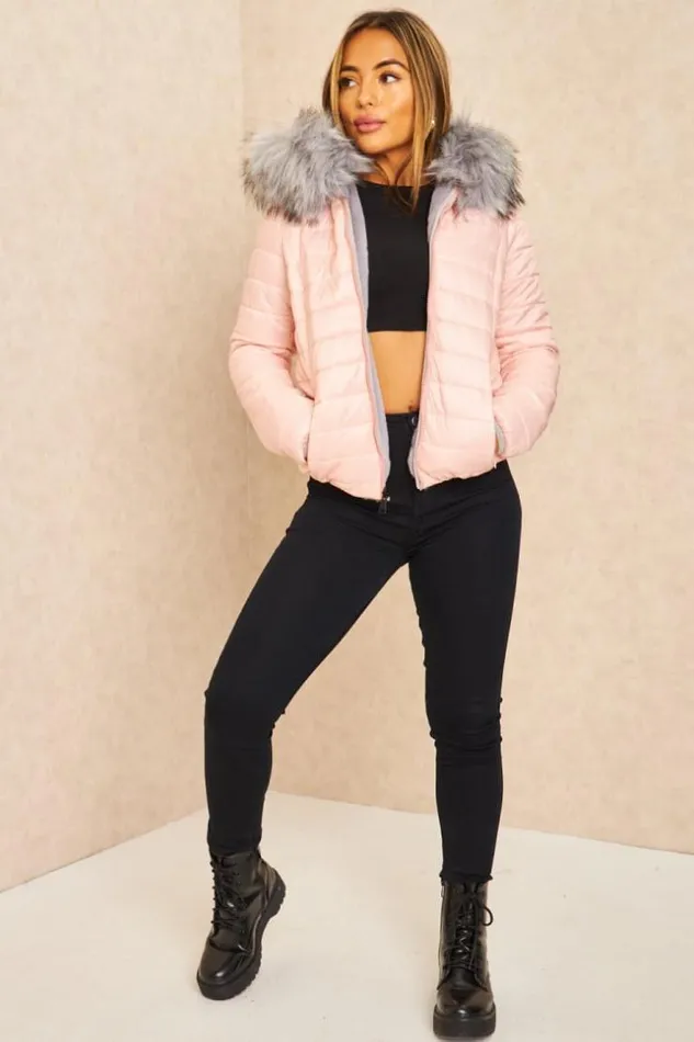 Women Pink And Gray Reversible Short Down Jacket Pink Brentiny Paris Parkas And Down Jackets