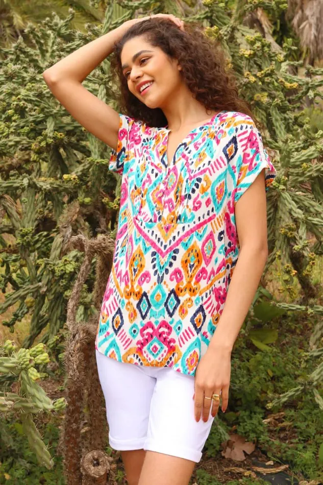 Women Pink Aztec Print Lace Trim VNeck Top Roman Tops