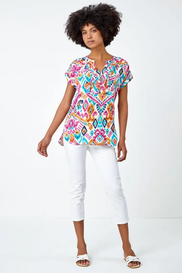 Women Pink Aztec Print Lace Trim VNeck Top Roman Tops