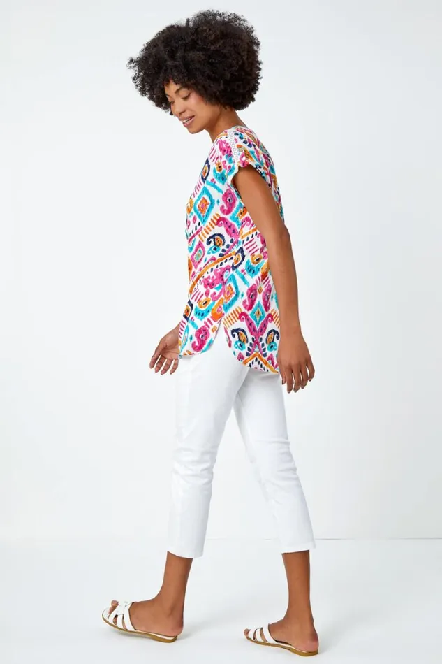 Women Pink Aztec Print Lace Trim VNeck Top Roman Tops