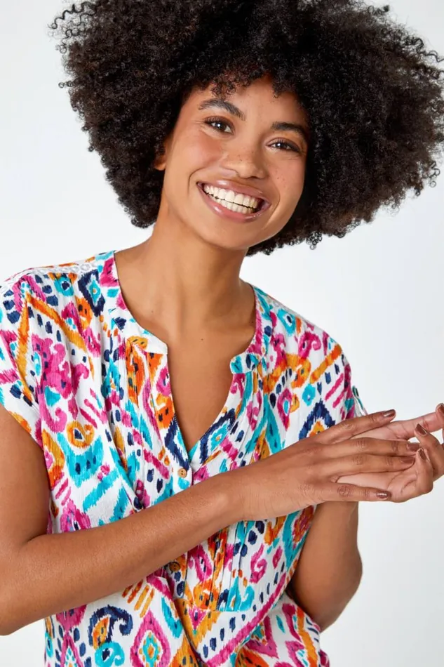 Women Pink Aztec Print Lace Trim VNeck Top Roman Tops