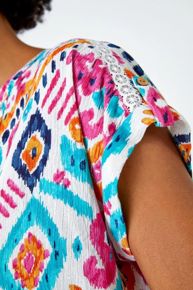 Women Pink Aztec Print Lace Trim VNeck Top Roman Tops