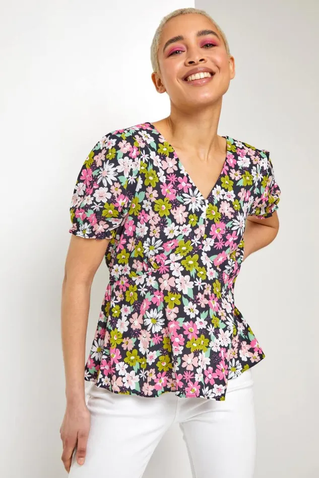 Women Pink Bold Floral Print Blouse Roman Tops
