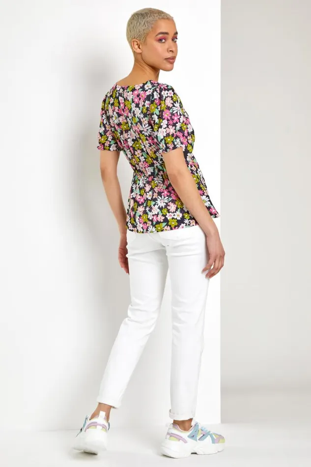 Women Pink Bold Floral Print Blouse Roman Tops