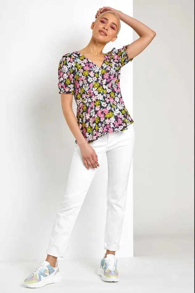 Women Pink Bold Floral Print Blouse Roman Tops