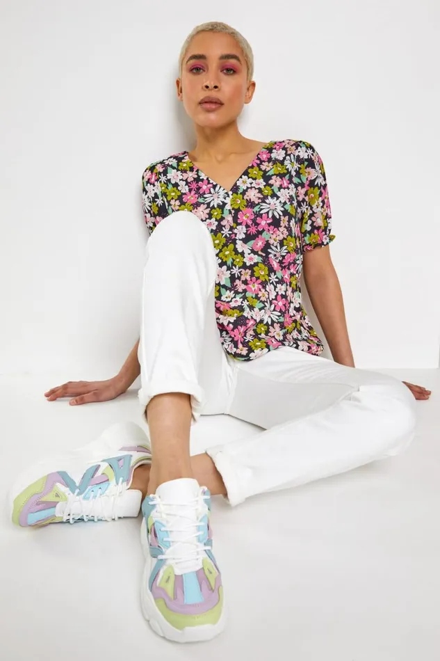 Women Pink Bold Floral Print Blouse Roman Tops