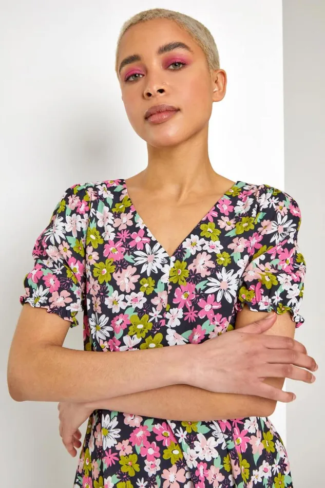 Women Pink Bold Floral Print Blouse Roman Tops