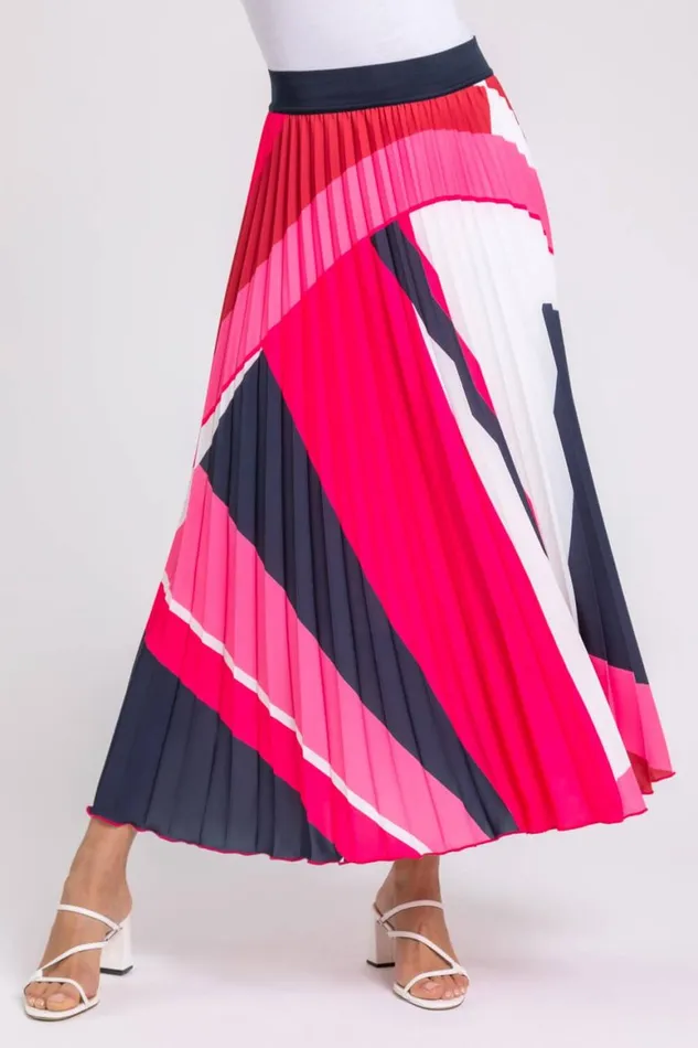 Women Pink Colourblock Print Pleated Maxi Skirt Roman Skirts
