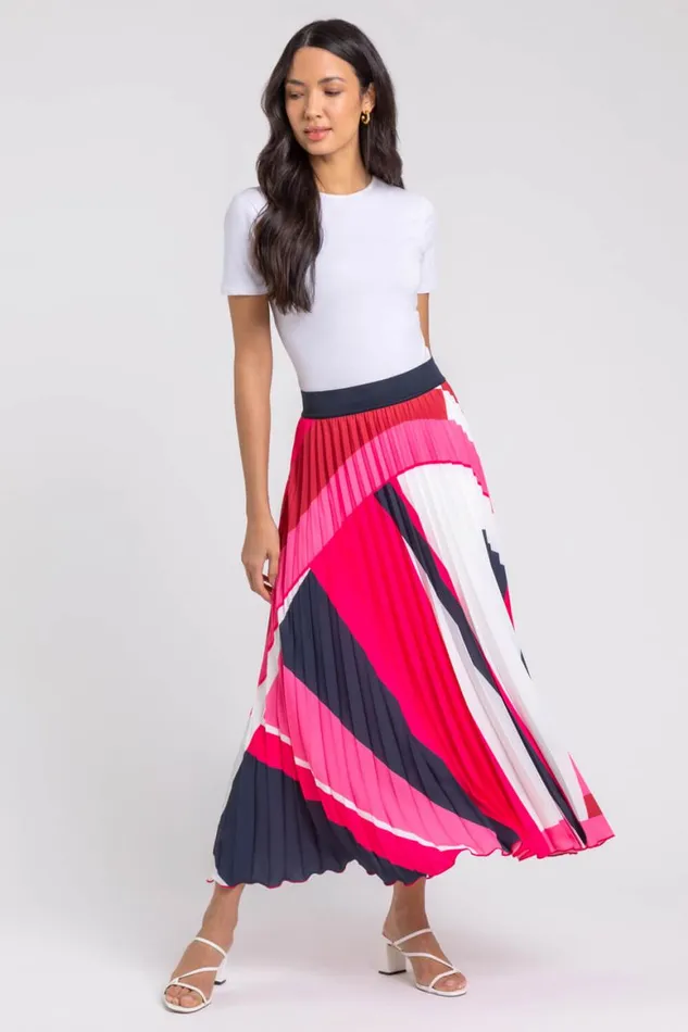 Women Pink Colourblock Print Pleated Maxi Skirt Roman Skirts