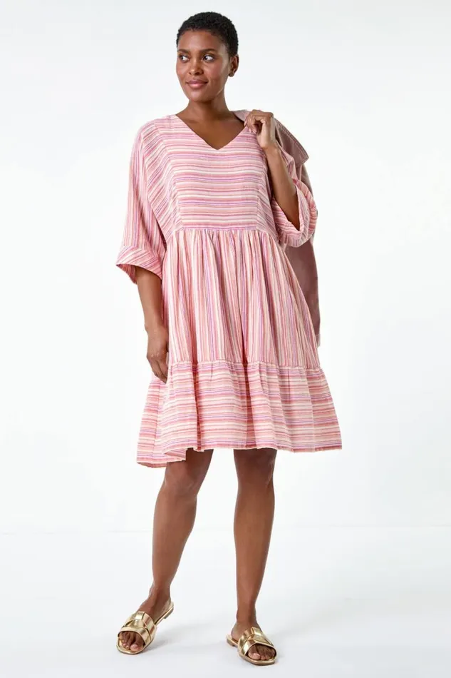 Women Pink Cotton Stripe Print Smock Dress Roman Dresses