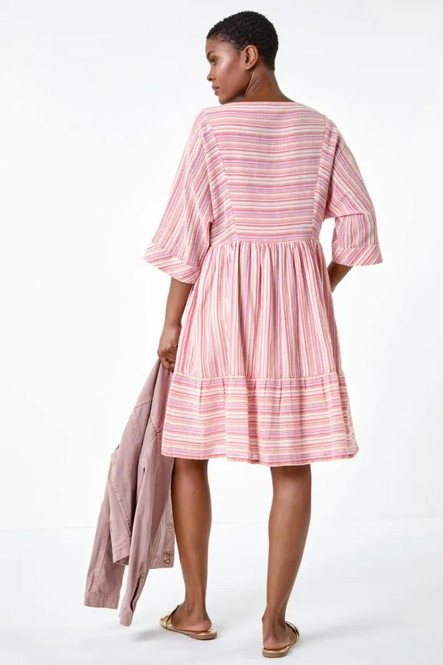 Women Pink Cotton Stripe Print Smock Dress Roman Dresses