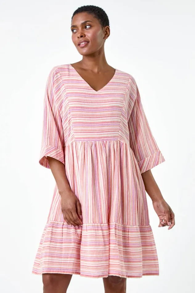 Women Pink Cotton Stripe Print Smock Dress Roman Dresses