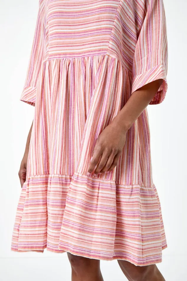Women Pink Cotton Stripe Print Smock Dress Roman Dresses