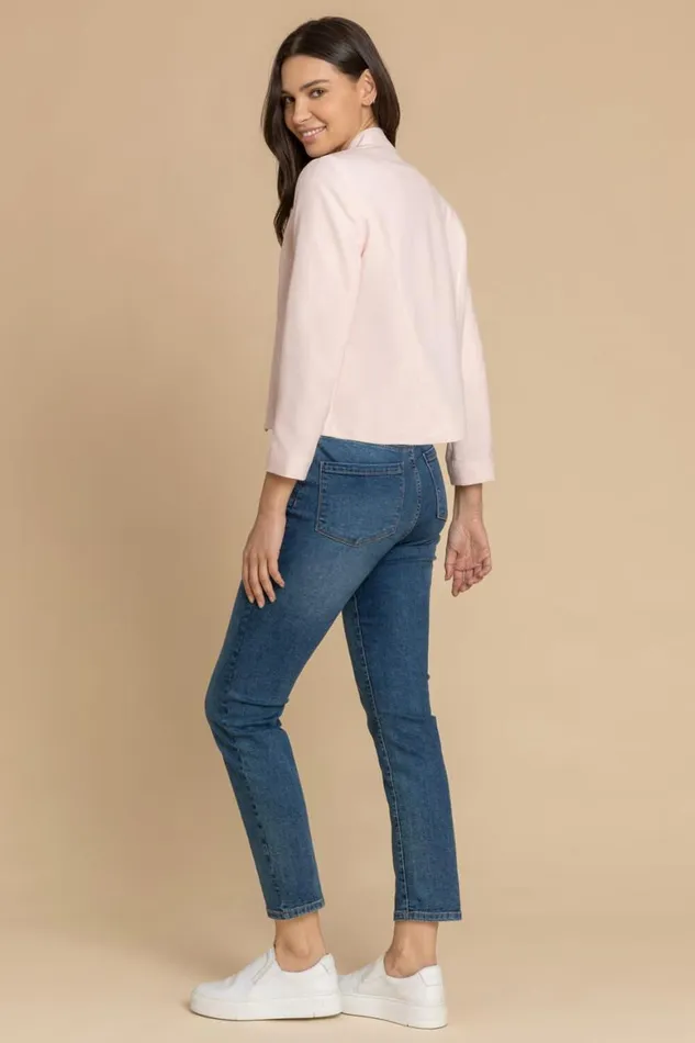Women Pink Cropped High Collar Crepe Jacket Roman Jackets