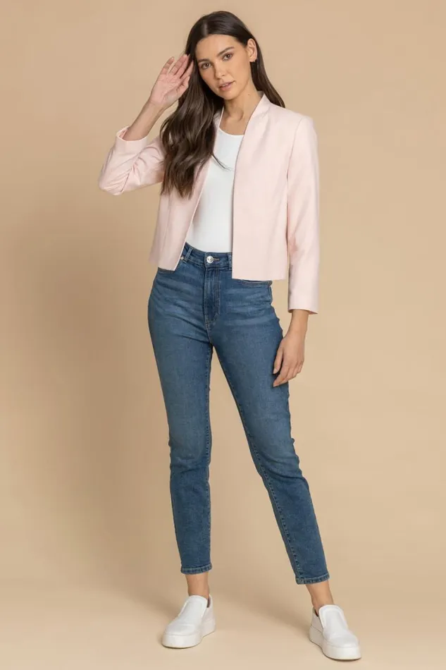 Women Pink Cropped High Collar Crepe Jacket Roman Jackets