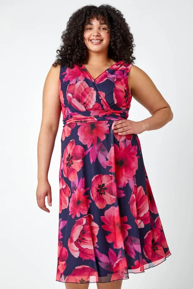 Women Pink Curve Floral Print Mesh Wrap Dress Roman Dresses