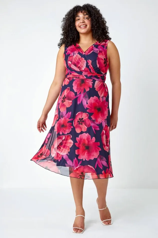 Women Pink Curve Floral Print Mesh Wrap Dress Roman Dresses