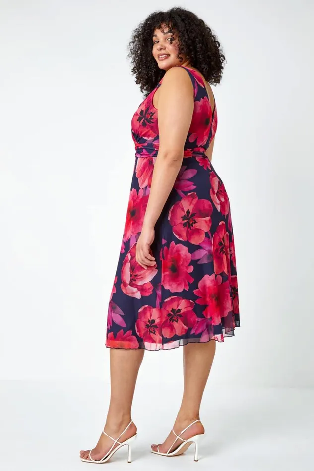 Women Pink Curve Floral Print Mesh Wrap Dress Roman Dresses