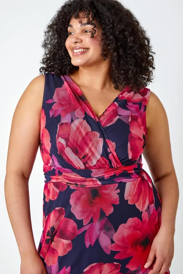 Women Pink Curve Floral Print Mesh Wrap Dress Roman Dresses