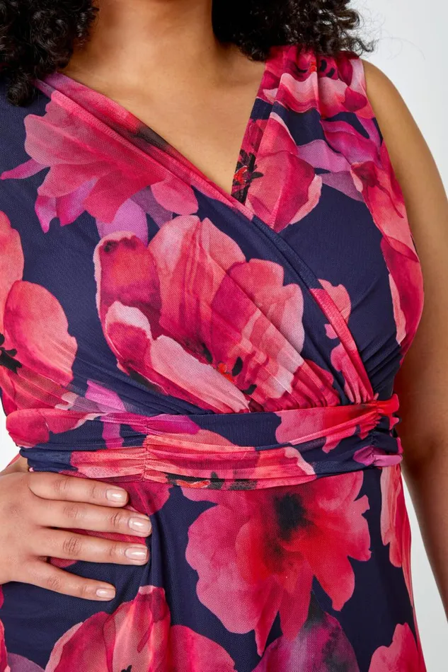 Women Pink Curve Floral Print Mesh Wrap Dress Roman Dresses