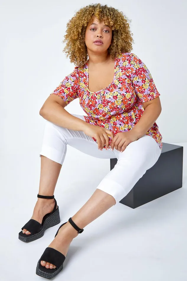 Women Pink Curve Floral Print Smock Top Roman Tops