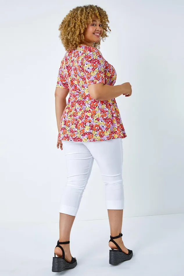 Women Pink Curve Floral Print Smock Top Roman Tops