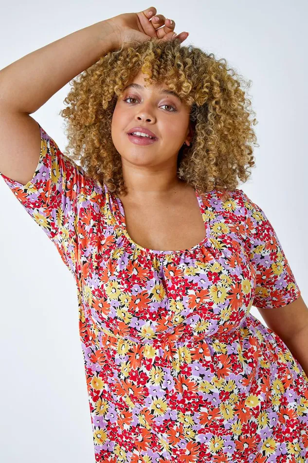 Women Pink Curve Floral Print Smock Top Roman Tops