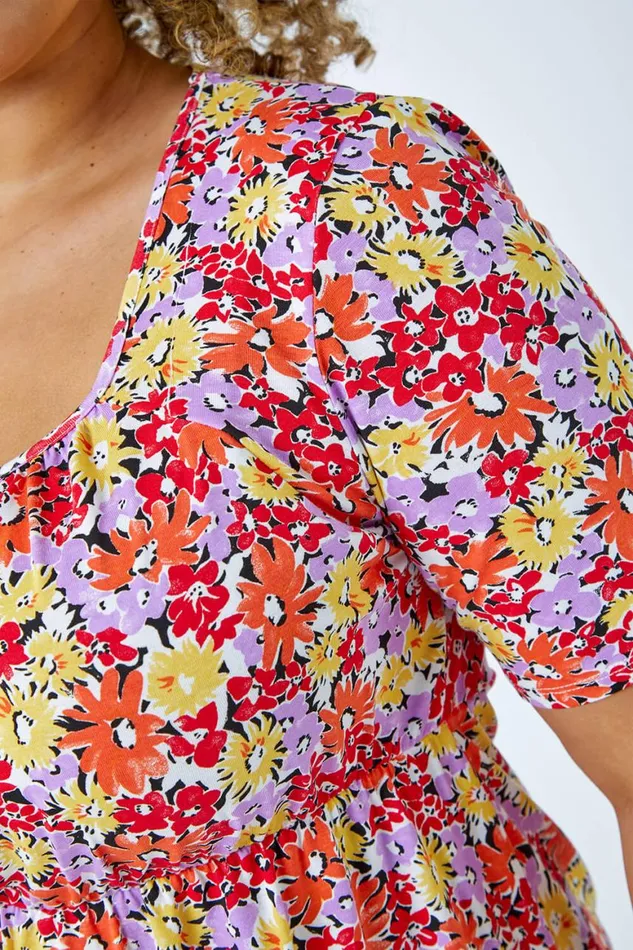 Women Pink Curve Floral Print Smock Top Roman Tops