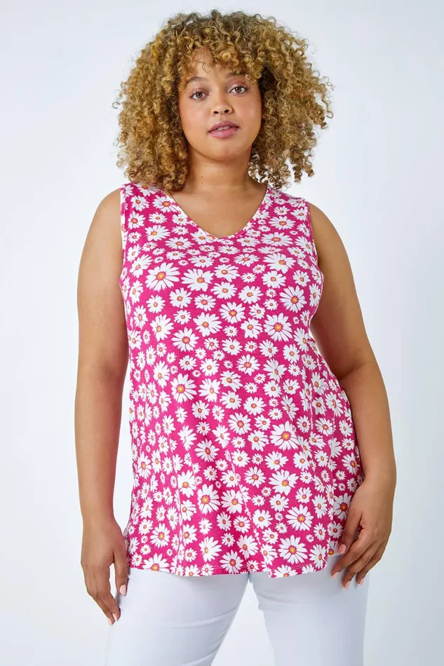 Women Pink Curve Floral VNeck Swing Stretch Top Roman Tops