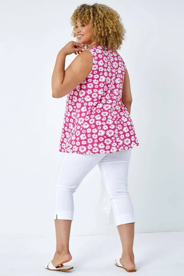 Women Pink Curve Floral VNeck Swing Stretch Top Roman Tops