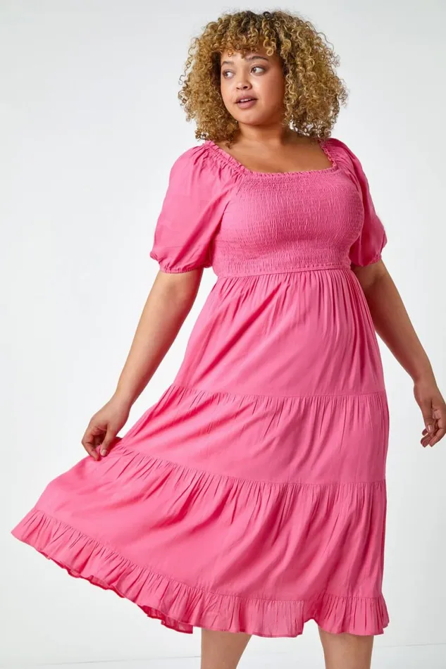 Women Pink Curve Shirred Tiered Midi Dress Roman Dresses
